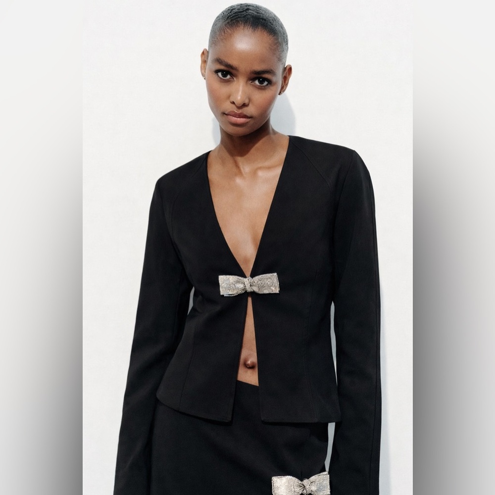 Zara Black Blazer with Silver Bow Accent- NEW WITH TAG- SIZE M
